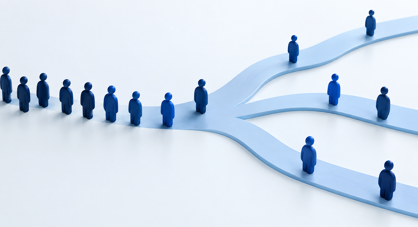 Blue figures on a waiting list branching into different care pathways.
