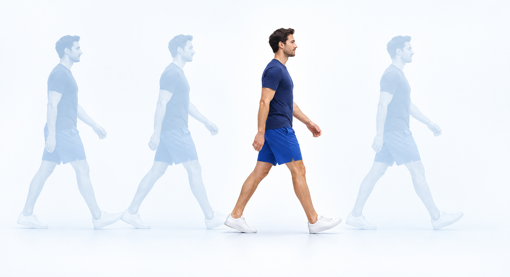 A walking figure with successive positions fading behind him.