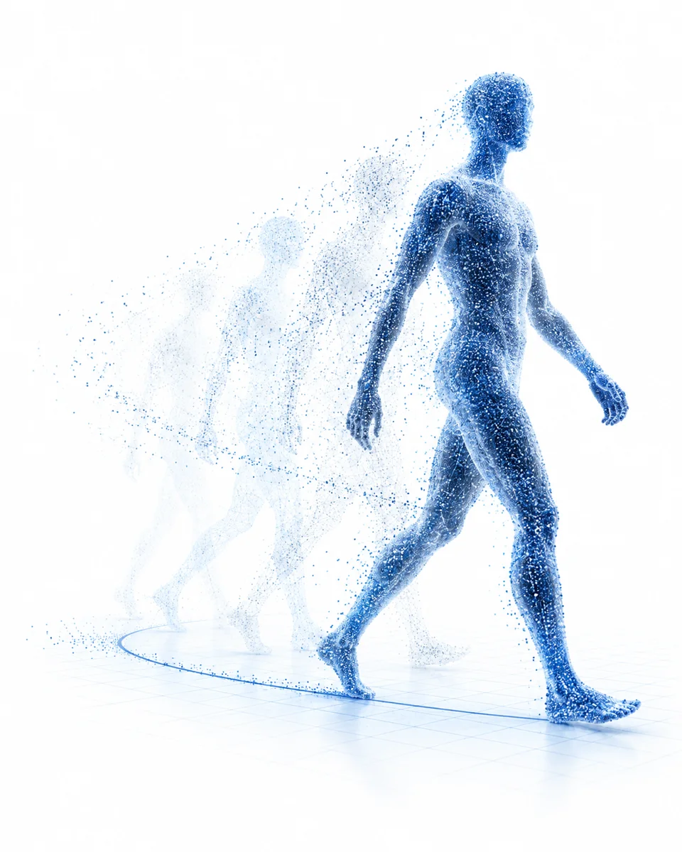 Blue point-cloud figure walking, with successive positions fading behind.
