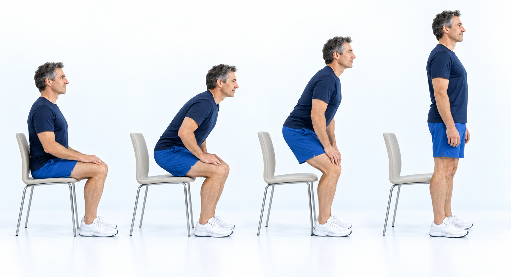 A sequence showing a man rising from a chair.