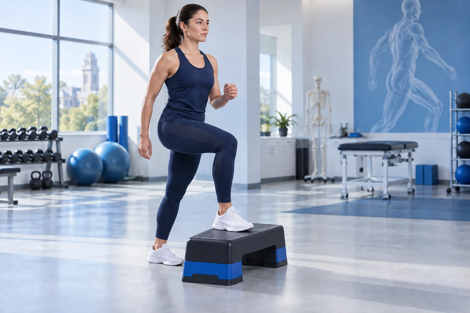 A woman stepping onto an exercise step in a teaching studio.