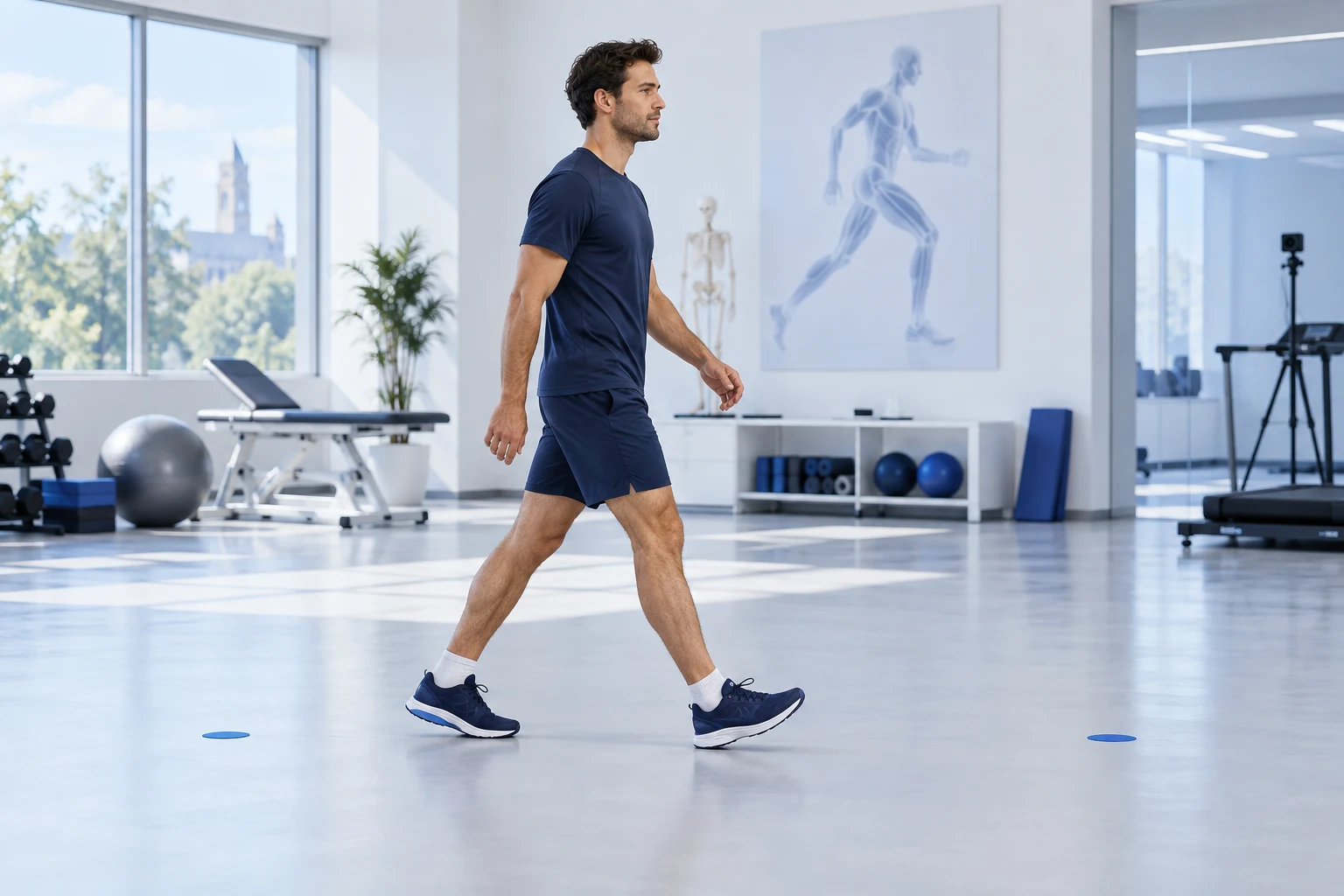 A man walking between floor markers in an exercise studio.