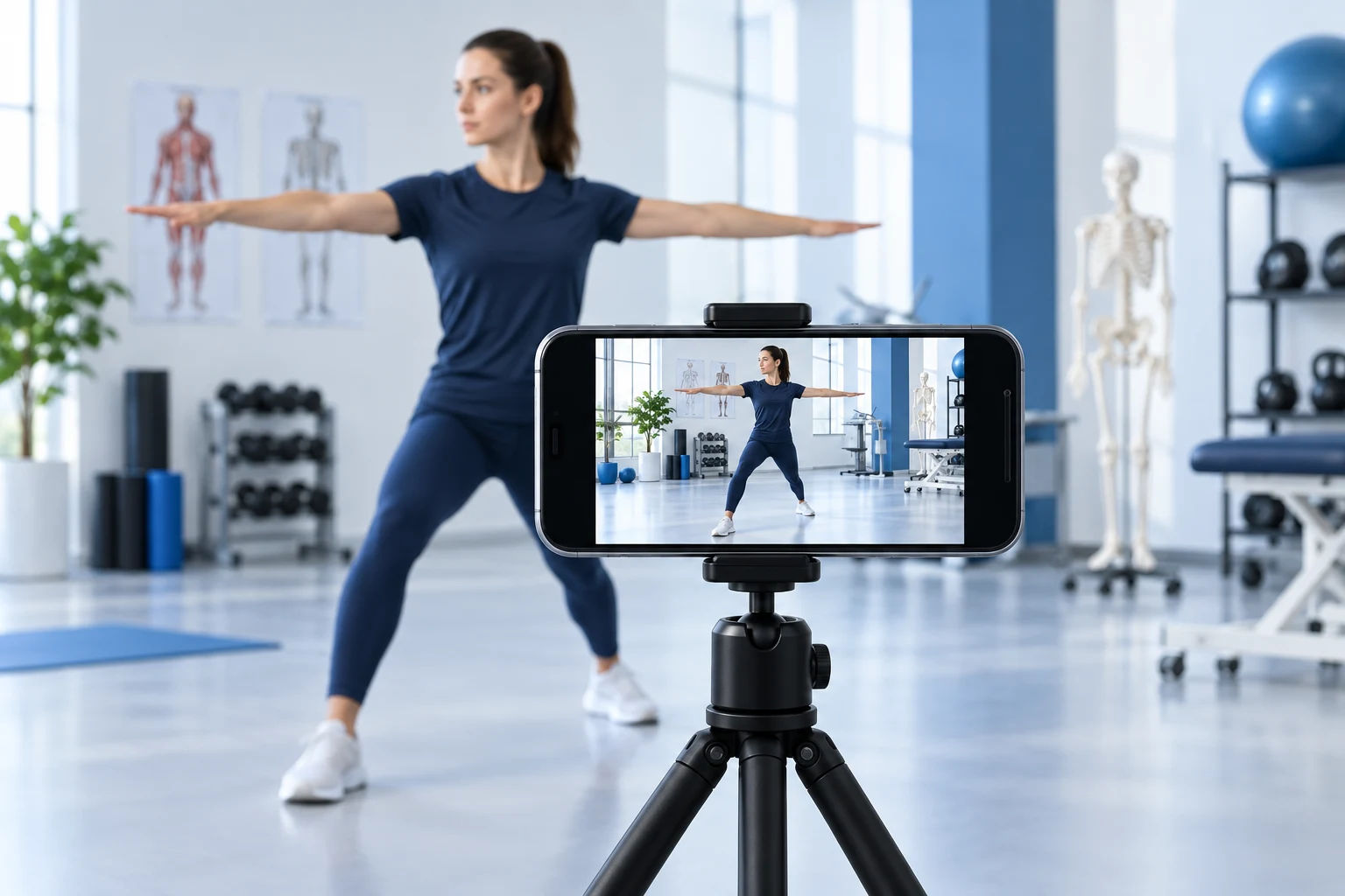 A phone on a tripod recording a movement demonstration in an exercise studio.